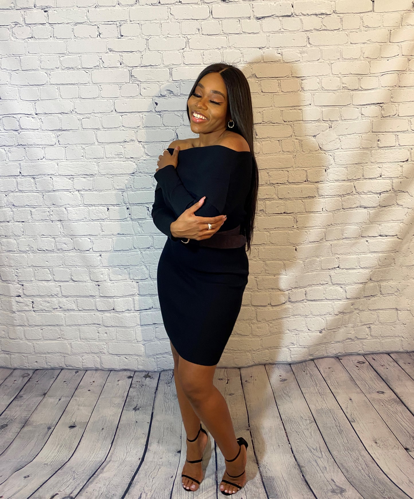 Belted Off Shoulder Bodycon Midi Dress