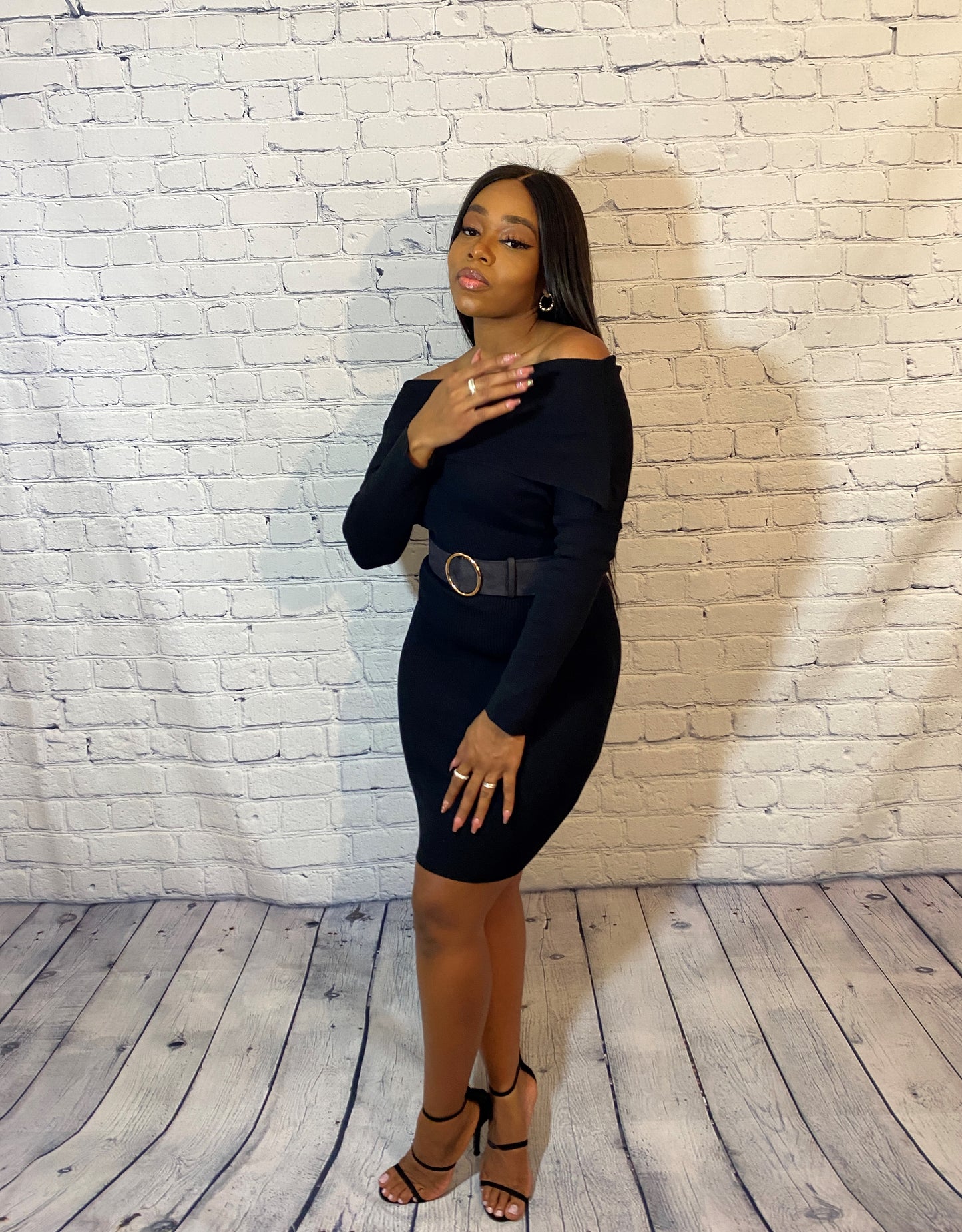 Belted Off Shoulder Bodycon Midi Dress