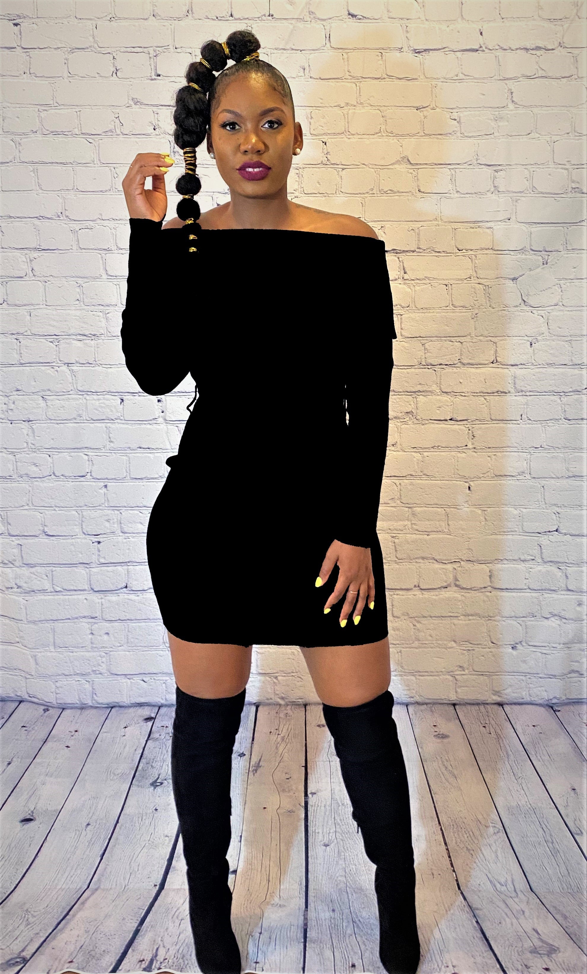 BELTED OFF SHOULDER BODYCON MIDI DRESS Black Highland Avenue Boutique